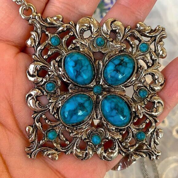 Fabulous Vintage 70’s Faux Turquoise Victorian Revival Pendant - Picture 7 of 8
